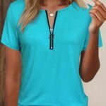 Women'S Elegant V-Neck Short Sleeve T-Shirt With Zipper Detail - High Stretch, All-Over Print, Short Sleeve Tee For Spring/Summer/Fall