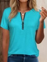 Women'S Elegant V-Neck Short Sleeve T-Shirt With Zipper Detail - High Stretch, All-Over Print, Short Sleeve Tee For Spring/Summer/Fall