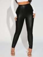 Women'S Fashion Layered Slim-Fit Pants - Solid Black Stretchy Mid-Stretch Tummy Control Leggings For All-Season Wear, Casual & Formal Outfits, High Waist Pants, Versatile Outfit Leggings, Sleek Fitted Leggings, Medium Elasticity Leggings - Image 4