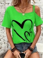 Heart Print Slant Shoulder T-Shirt, Casual Short Sleeve Top For Spring & Summer, Women'S Clothing - Image 7