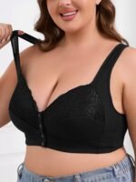 Plus Size Women'S Front Closure Wire-Free Contrast Lace Bra - Jacquard & Lace Trim, Non-Removable Padded Cups, Minimalist Everyday Comfort For Autumn Winter, Elegant Lingerie, Soft Fabric Construction - Image 8