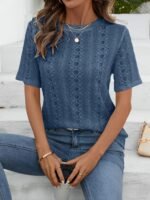 Eyelet Embroidered Crew Neck T-Shirt, Casual Short Sleeve Top For Spring & Summer, Women'S Clothing - Image 9