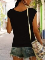 Cat Print Cap Sleeve T-Shirt, Casual V Neck Top For Summer & Spring, Women'S Clothing - Image 2