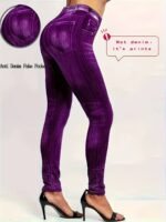 Plus Size - Women'S High-Waisted Stretch Denim Print Leggings - Purple & White Striped Design, Comfortable All-Season Casual Wear, Perfect For & Casual Attire, High Waisted Leggings