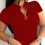 Women'S Solid Red V-Neck Zip-Up Short Sleeve T-Shirt - Middle Eastern-Inspired Elegance Collection, Machine Washable Spring/Summer Casual Top, Everyday Comfort Wear, Easycare Fabric, Comfortable Fit Shirt