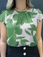 Women'S Elegant Casual Short Sleeve Blouse - Black & White Abstract Leaf Print, Loose Fit Round Neck, Chest Ruching, Semi-Sheer Summer Top, Machine Washable, Everyday Sophisticated Wear, Delicate Fabric Shirt, Fitted Waist Accentuate Figure - Image 10