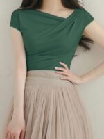 Women'S Elegant Asymmetrical Neckline Ruched Slim Fit Short Sleeve T-Shirt - Solid Color, Medium Stretch, Spring/Summer Casual & Formal Wear, Ladies T Shirts, Summer Outfit, Chic Style, Stretchy Fabric, Fitted Shirt, Summer Wardrobe - Image 10