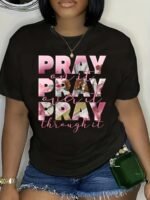 Plus Size Women'S Casual T-Shirt With "Pray On It Pray Over It Pray Through It" Inspirational Quote & Floral Lettering - White Round Neck Short Sleeve Top For Spring Summer Fall, Ladies T Shirts, Everyday Comfort, Relaxed Fit Tee, Machine Washable Shirt - Image 2