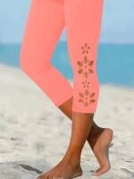 Plus Size Side Floral Print Capri Leggings, Casual High Waist Stretchy Leggings For Spring & Summer, Women'S Plus Size Clothing - Image 5