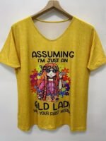 Women'S Casual Loose Fit V-Neck Short Sleeve T-Shirt - Vibrant Green Print With "Assuming I'M Just An Old Lady" Slogan & Floral Fashion Glasses Design, Medium Stretch Machine Washable Top For Spring Summer Fall, Ladies T Shirts, Relaxed Weekend Outfit, Playful Statement Shirt, Comfortable Stretch Fabric, Fun Statement Wear - Image 10