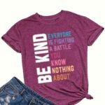 Women'S Casual Crew Neck Short Sleeve T-Shirt - "Be Kind" Inspirational Quote, Loose Fit, Geometric Pattern, Summer Essential, Summer Casual Wear | Casual Loose Fit Tee | Graphic Print Shir