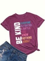 Women'S Casual Crew Neck Short Sleeve T-Shirt - "Be Kind" Inspirational Quote, Loose Fit, Geometric Pattern, Summer Essential, Summer Casual Wear | Casual Loose Fit Tee | Graphic Print Shir