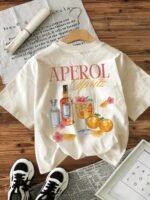 Illustration Style Cocktail Aperol Letter Print T-Shirt, Loose Casual Round Neck Top For Women. - Image 7