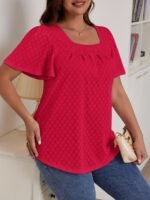 Plus Size Women'S Square Neck Ruffle Sleeve Top - Breathable Eyelet Cut-Out Fabric, Unique Chest Pleat Design, Elegant Fashion For Spring Summer Fall, Formal & Casual Wear, Casual Wear Top | Pleated Detail Top | Stretchy Fabric Top, Ladies T Shirts - Image 8