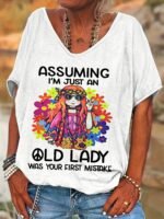 Women'S Casual Loose Fit V-Neck Short Sleeve T-Shirt - Vibrant Green Print With "Assuming I'M Just An Old Lady" Slogan & Floral Fashion Glasses Design, Medium Stretch Machine Washable Top For Spring Summer Fall, Ladies T Shirts, Relaxed Weekend Outfit, Playful Statement Shirt, Comfortable Stretch Fabric, Fun Statement Wear - Image 9