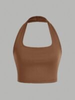 Women'S White Halter Neck Sports Crop Top - Stretchy Breathable Backless Tank Top For Summer Workouts & Casual Wear, Machine Washable Sleeveless Shirt, Gym Apparel, Smooth Texture - Image 3