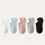 5-Pack Women'S Elegant Invisible No-Show Ankle Socks - Soft Polyester Blend, Seamless Comfort, All-Season Wear, Assorted Neutral Colors (White, Light Blue, Pink, Grey, Black), Cute Socks, Casual Footwear, Minimalist Design, Comfortable Wear - Image 3