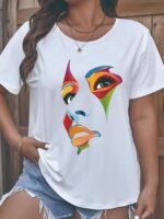 Facial Graphic Sports T-Shirt, Round Neck Short Sleeves Workout Top, Women'S Activewear - Image 2