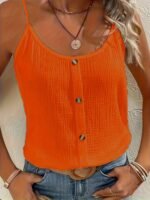 Women'S Sleeveless Button-Up Crop Top - Textured Ribbed Fabric, Beige, Spaghetti Strap Design, Perfect For Spring/Summer/Fall, Casual Wear|Sleek Crop Top|Textured Fabric - Image 5