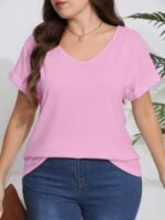 Plus Size, Plus Size Women'S Elegant V-Neck T-Shirt - Soft Semi-Sheer Fabric, Vibrant Red, Machine Washable, Spring Summer Fall Casual Top, Ladies T Shirts, Seasonal Fashion, Sophisticated Casual, Comfortable Fit - Image 8