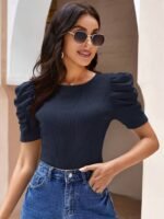 Solid Crew Neck T-Shirt, Elegant Puff Sleeve Top For Spring & Summer, Women'S Clothing - Image 6