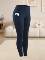 Women'S Plus Size High Waist Tummy Control Leggings With Side Pockets, 88% Polyester 12% Elastane, Knit Fabric, Stretchy Cropped Yoga Pants For Running & Fitness, All Season Solid Color Athletic Skinny Pants - Image 2
