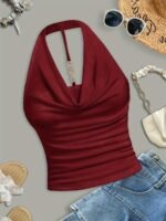 Women'S Sexy Halter Neck Sleeveless Top - Semi-Sheer Stretchy Slim Fit Backless Shirt, Vibrant Yellow Solid Color, Machine Washable For Casual & Evening Outfits, Evening Wear, Backless Design, Sensual Apparel, Semitransparent Material - Image 3
