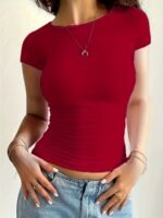 Crew Neck Tight Fit T-Shirt, Y2K Short Sleeve Summer Top, Women'S Clothing - Image 7
