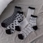 4 Pairs/8 Pairs Women'S Black And White Mid-Calf Socks, Spring-Summer Thin Transparent Crystal Casual Socks - Image 3