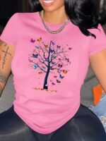 Butterfly Tree Print Crew Neck T-Shirt, Casual Short Sleeve T-Shirt For Spring & Summer, Women'S Clothing - Image 4