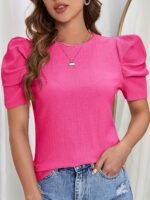 Puff Sleeve Solid T-Shirt, Elegant Crew Neck Top For Spring & Summer, Women'S Clothing - Image 2