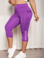 Plus Size Mesh Seven-Split Pants With Pockets, High-Waisted Tummy Control Workout Running Yoga Leggings, Women'S Sportswear - Image 2
