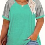 Plus Size Women'S Summer Casual Raglan Color Block T-Shirt - Teal & Heather Grey Short Sleeve Loose Fit Tee, Breathable Round Neck Top For Casual Attire, Ladies T Shirts, Smooth Texture Shirt, Soft Fabric Tee