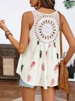 Elegant V-Neck Sleeveless Vest, Woven Non-Stretch Fabric, Pattern, With Contrasting Lace Details, For Women, With Voluminous Floral And Ruffles - Image 10