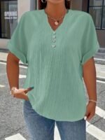 Plus Size, Women'S Plus Size New European And American Spring/Summer Short Sleeve Button Solid Color Elegant Casual T-Shirt - Image 10