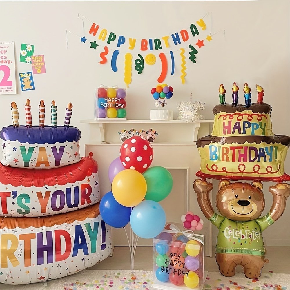 product-fancy-86116ab4-12d4-4e4d-9953-45b4c38a35bb.jpg 1Pc 121.92 Cm Bear Holding Cake Shaped Aluminum Foil Balloon, Birthday Party Decoration, Christmas, Halloween, Thanksgiving Day Gift, Valentine'S Day Gift - Image 1