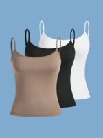 3Pcs Solid Color Polyester Slim Fit Casual Slingback Tank Top, High Stretch Spaghetti Strap Pullover For Weekend Casual