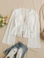 Elegant V-Neck Tie-Waist Blouse With Ruffled Sleeves And Lace Detail - Light Blue, Perfect For Spring/Summer, Adult Women'S Clothing, Casual Attire|Ruffled Sleeve Top|Lace Detail Top, Ladies Blouses - Image 4