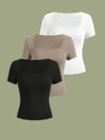 3Pcs Women'S Casual Square Neck Short Sleeve T-Shirts - High Elasticity Solid Color Tops, Machine Washable & Versatile For Casual Attire, All-Season Comfort