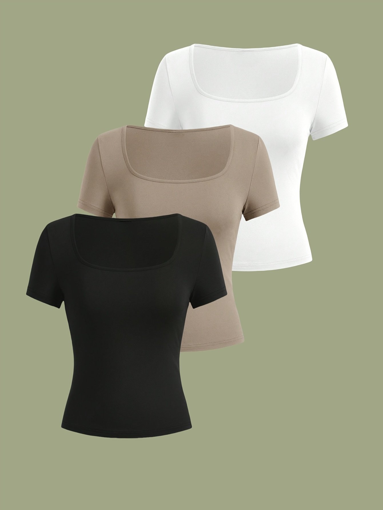 product-fancy-863f2cc5-ebfd-493f-a150-b33f3911f723.jpg 3Pcs Women'S Casual Square Neck Short Sleeve T-Shirts - High Elasticity Solid Color Tops, Machine Washable & Versatile For Casual Attire, All-Season Comfort - Image 1
