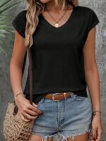 Solid Color V Neck T-Shirt, Casual Short Sleeve T-Shirt For Spring & Summer, Women'S Clothing - Image 2