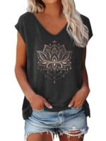 Lotus Print V-Neck T-Shirt, Casual Cap Sleeve T-Shirt For Spring & Summer, Women'S Clothing - Image 6