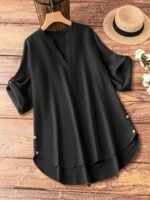 Plus Size Casual V-Neck Sleeveless Blouse With Fake Buttons - Beige, Asymmetrical Hem, Long-Sleeve, Non-Stretch Fabric, Perfect For Spring/Summer, Casual Attire|Vneck Blouse|Asymmetrical Hemline, Plus Size Shirts - Image 2
