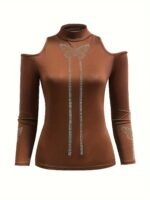 Rhinestone Butterfly Print Mock Neck T-Shirt, Casual Cold Shoulder Long Sleeve Top For Spring & Fall, Women'S Clothing - Image 2