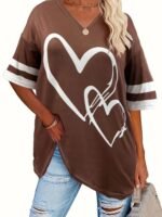 Women'S Casual V-Neck Short Sleeve T-Shirt - Royal Blue With White Heart Print, Breathable Fabric, Machine Washable For Spring Summer Fall, Seasonal Fashion, Striped Detailing, Relaxed Fit Shirt - Image 4