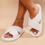 Cozy Women'S Fashion Indoor Slippers - Plush Gray Fabric With Cross Strap, Open-Toe Design, Non-Slip Eva Sole For Warmth And Comfort, Ideal For Home Use, House Slippers - Image 4