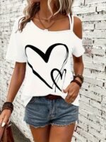 Heart Print Cold Shoulder T-Shirt, Casual Short Sleeve Backless Asymmetrical Top, Women'S Clothing - Image 5