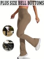 Plus Size Sports Pants, Women'S Plus Solid Wide Waistband High Rise Flared Leg High Stretch Yoga Trousers Suitable Spring/Autumn - Image 4