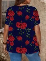 Plus Size Rose Print V Neck T-Shirt, Casual Short Sleeve Top For Spring & Summer, Women'S Plus Size Clothing - Image 4