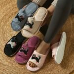 Women'S Simple And Cute Lively Striped Home Slip-On Slippers With Cat Design, Comfortable For Both Men And Women - Image 2